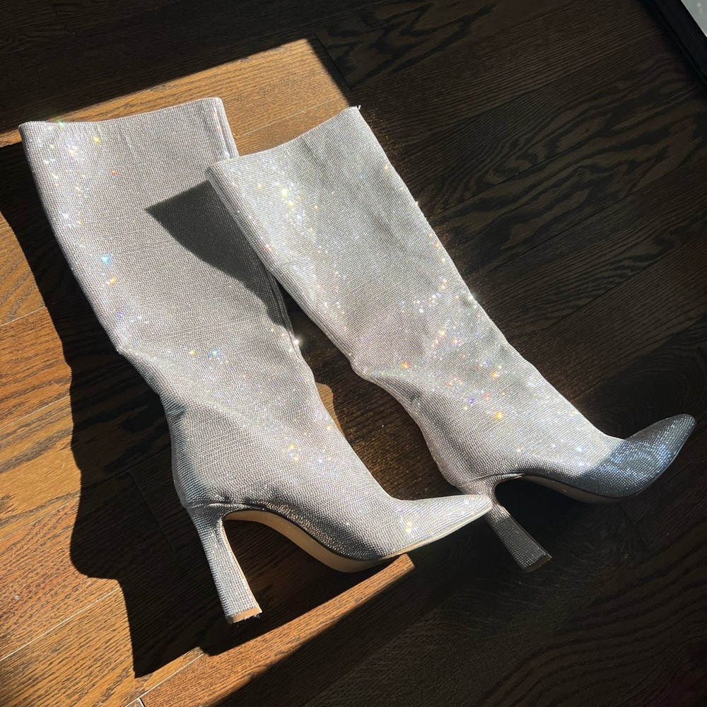 Rhinestone Silver Knee-High Steve Madden High-Heel Shayna Boots